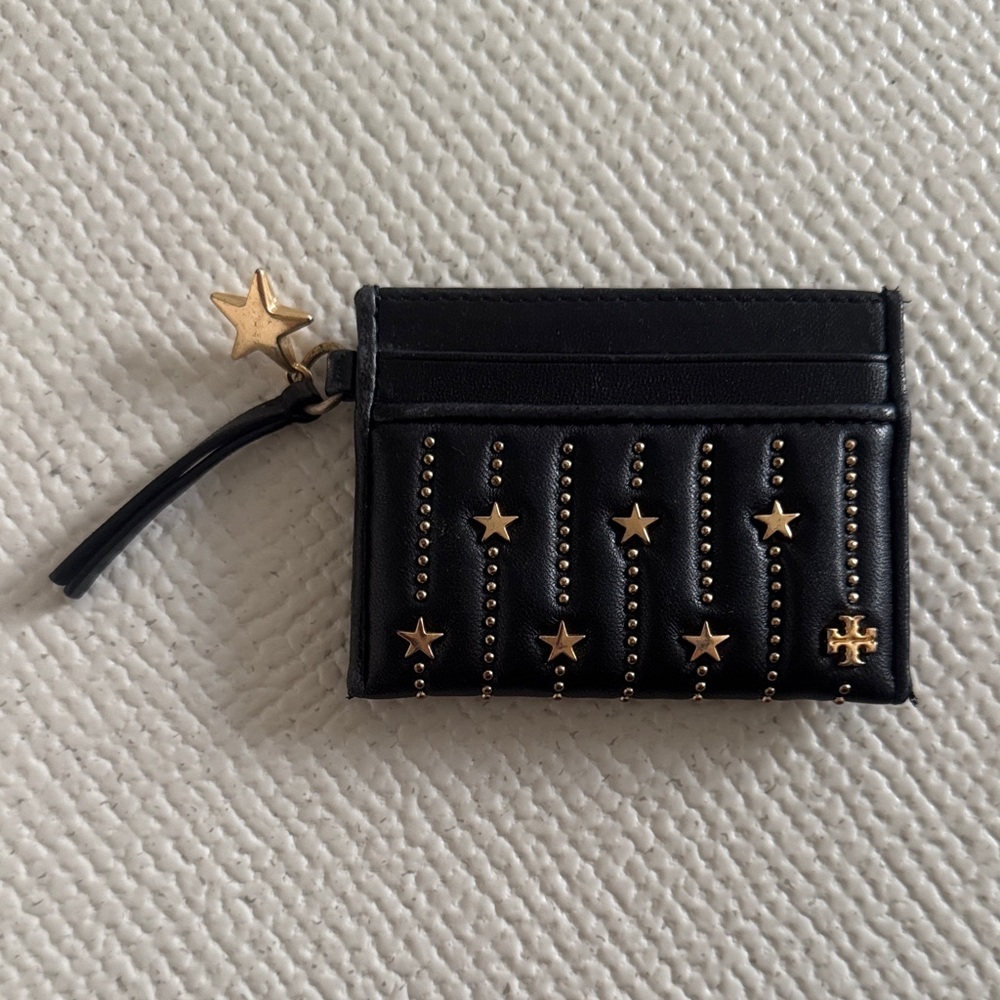 Tory Burch Black Card Holder with Gold Star Details